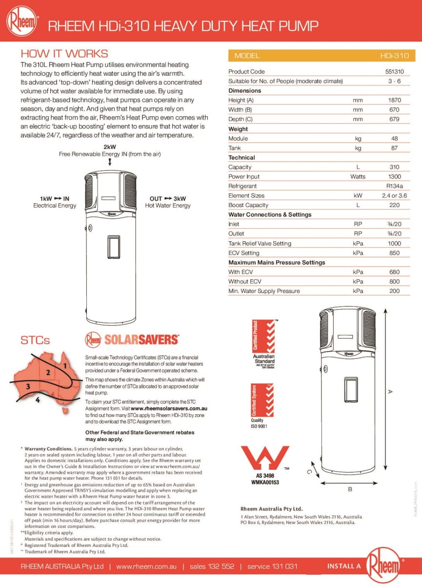 Máy nước nóng Heat pump Rheem 551410 410L